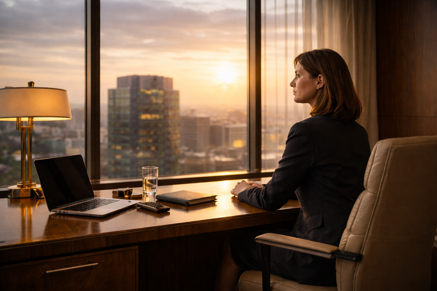 Femme cadre dans un bureau luxueux regardant la ville au coucher du soleil, illustrant la “cage dorée” en carrière : réussite financière mais insatisfaction professionnelle.
